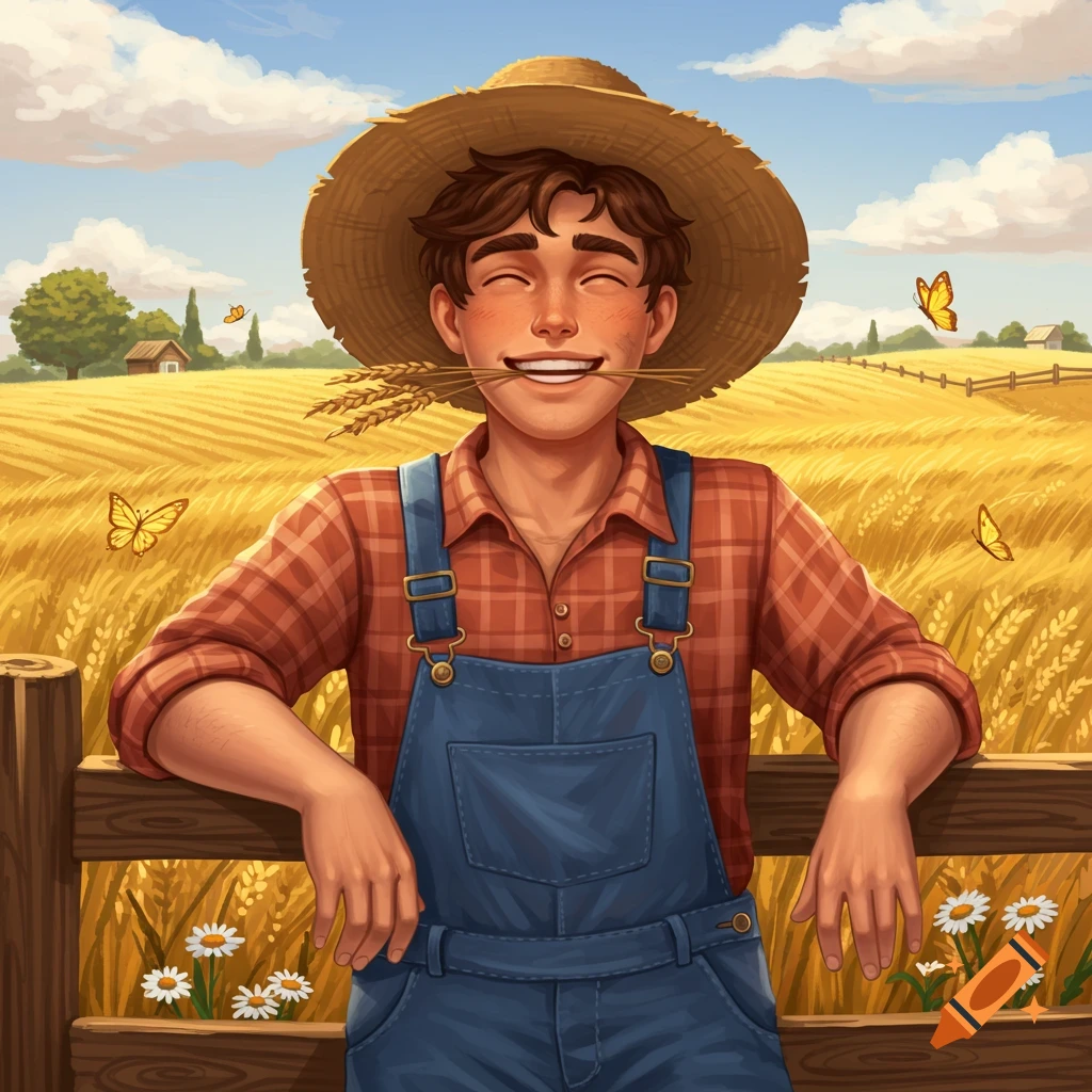 Illustrated young farmer smiling with wheat in mouth, leaning on a fence in a golden wheat field with butterflies.