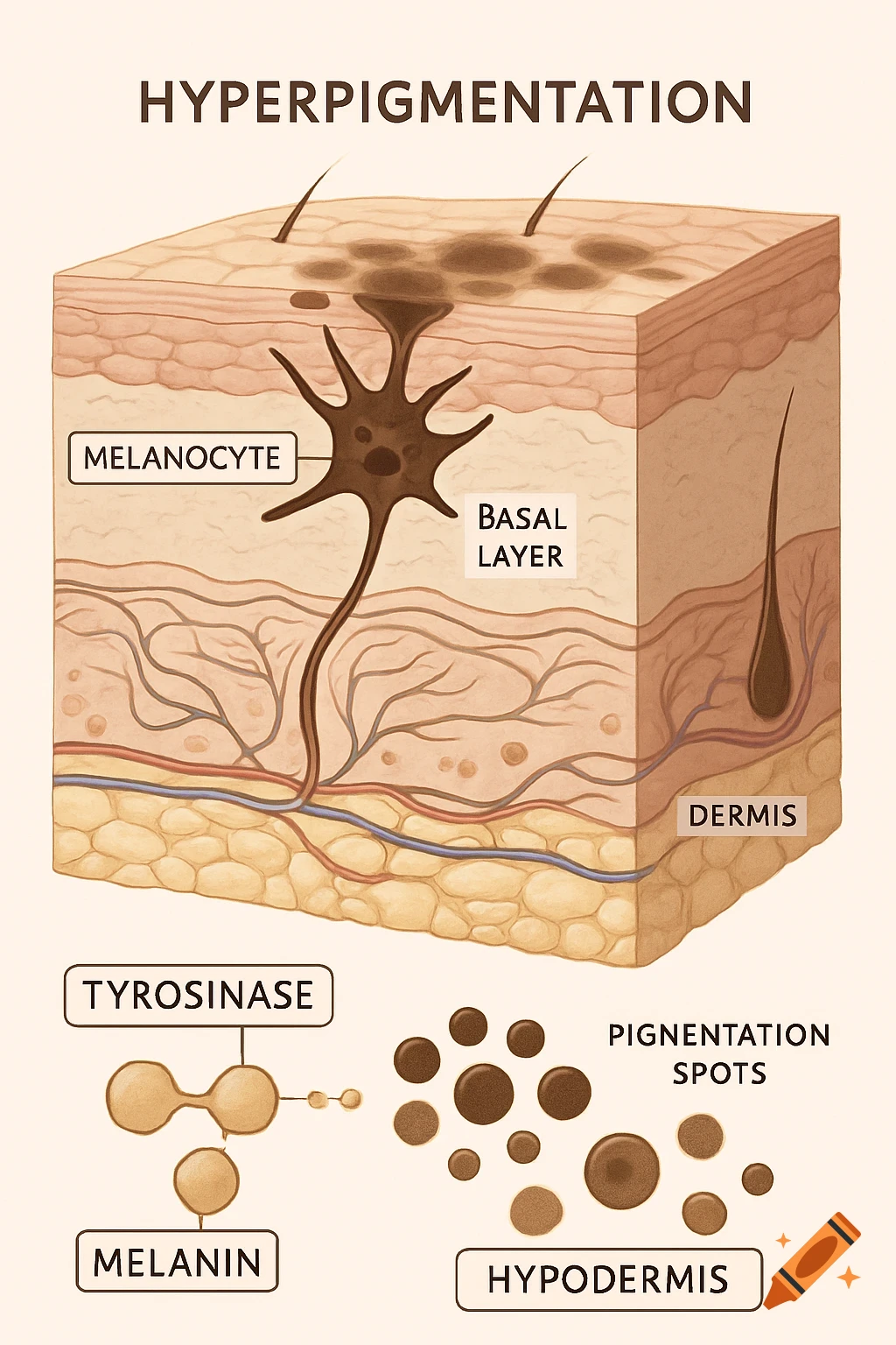 Anatomical diagram of human skin showing hyperpigmentation, with labels for melanocytes, melanin, and skin layers.