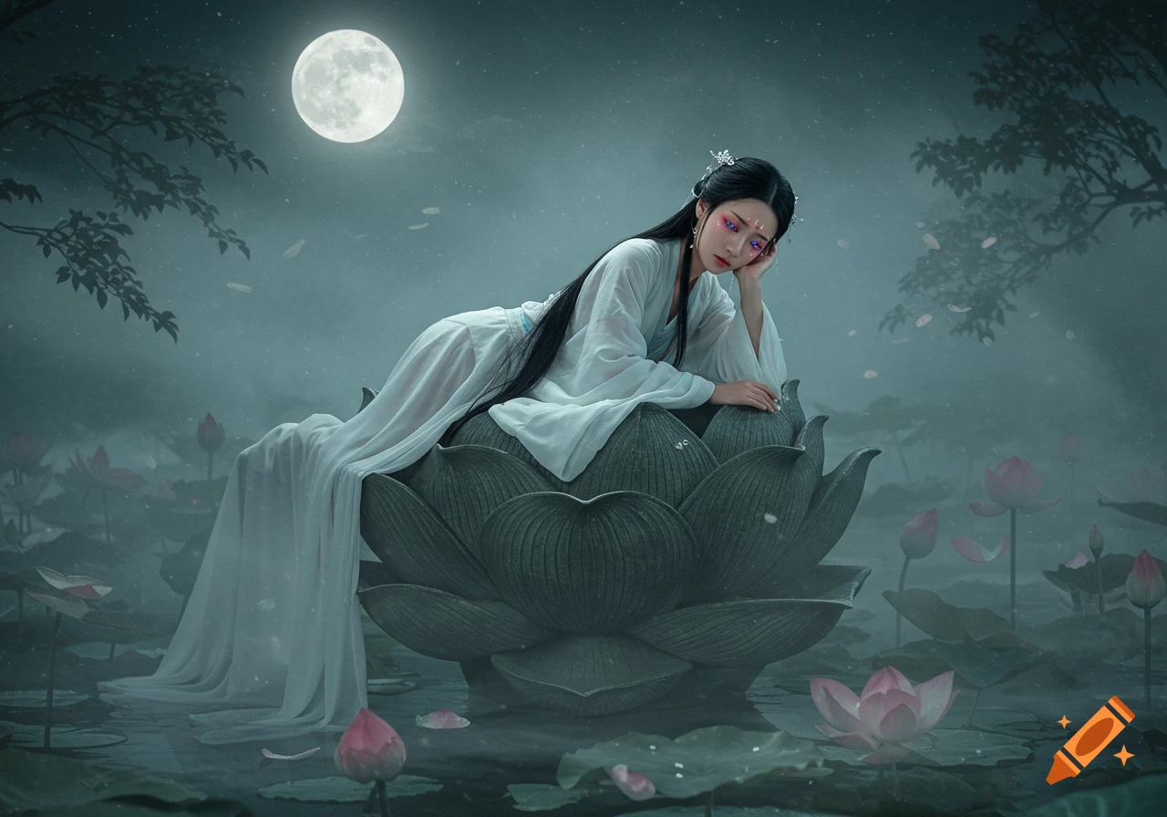 A fairy maiden in white robes reclines on a large lotus flower in a misty pond under a full moon at night.