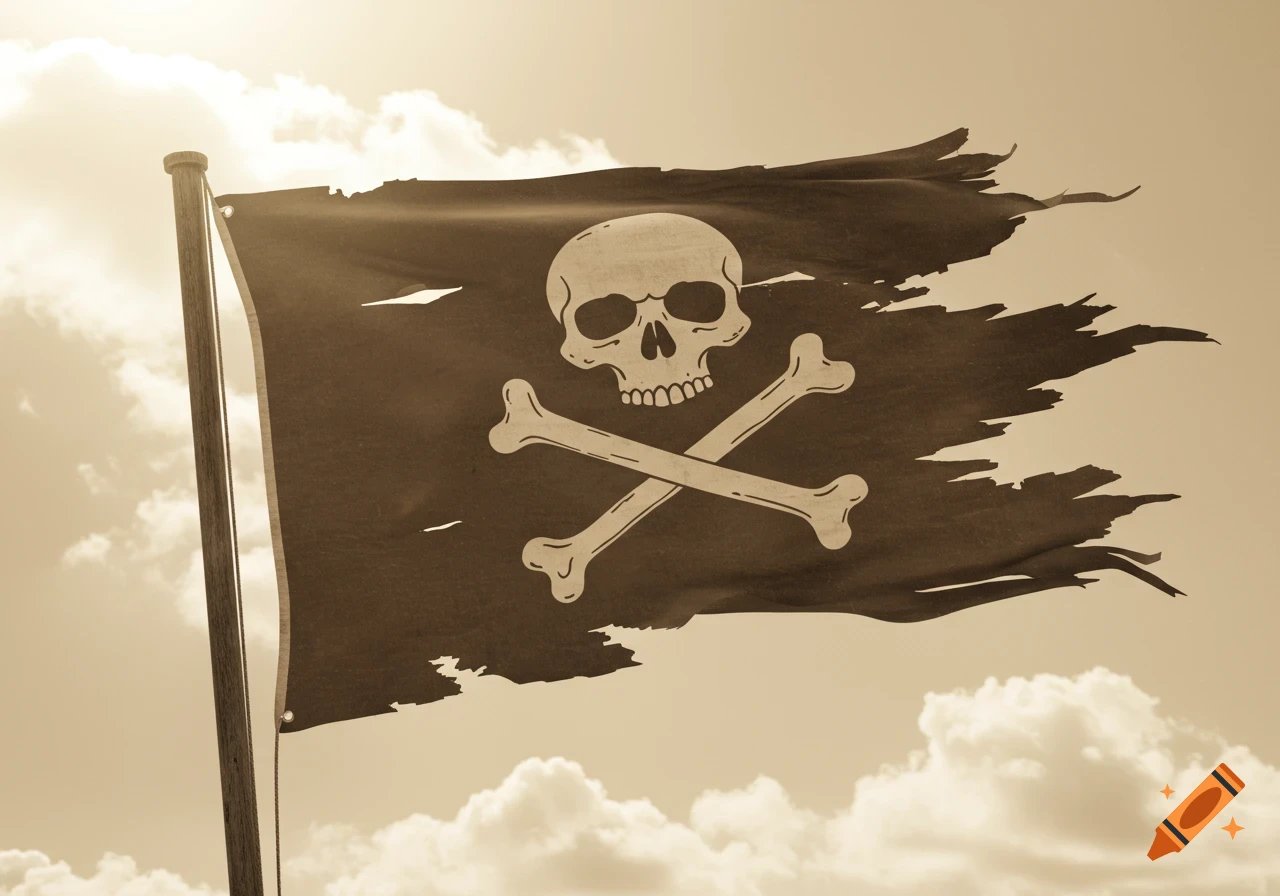 A sepia-toned Jolly Roger flag with a skull and crossbones waves against a cloudy sky.