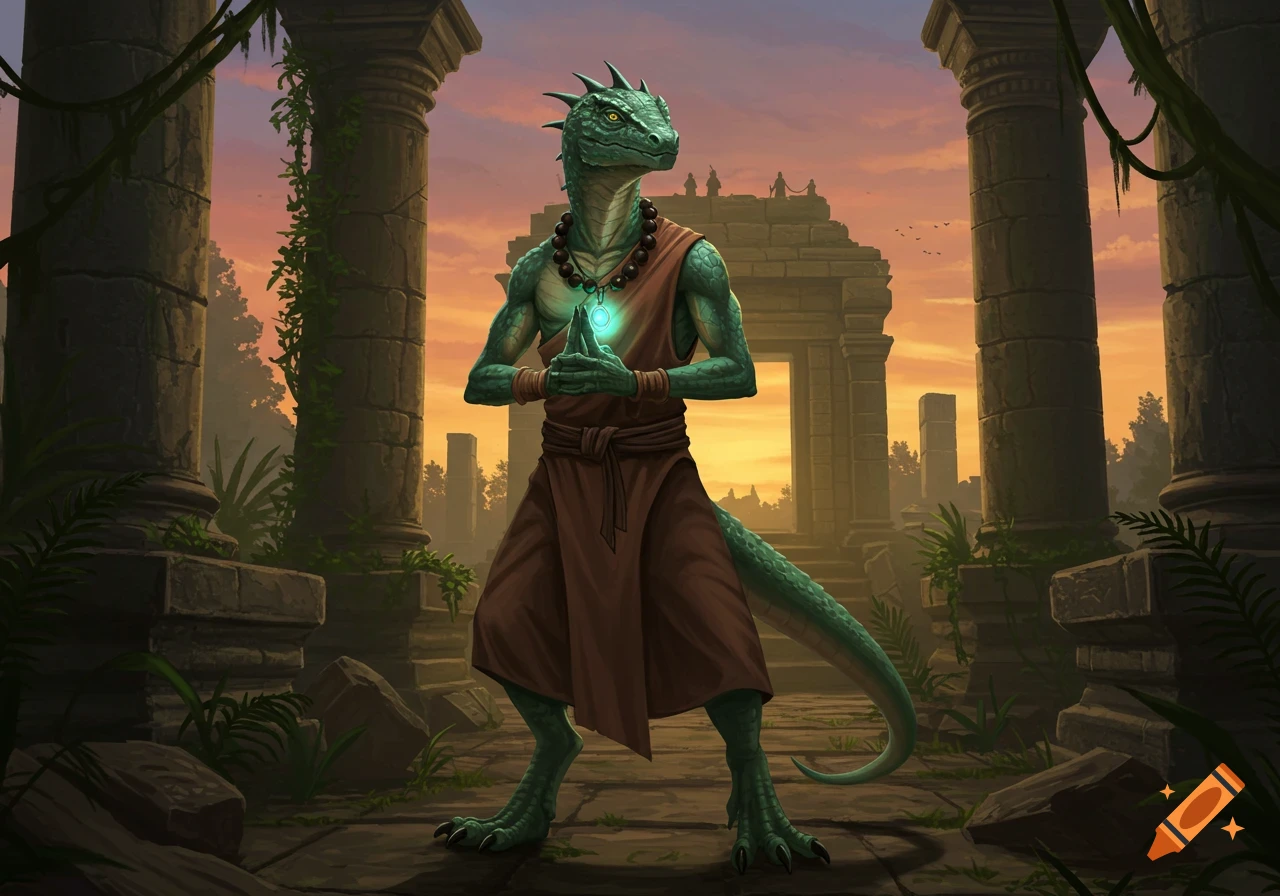 A green lizard man monk in brown robes stands with hands together holding a glowing orb amidst ancient overgrown ruins at sunset. Fantasy art.