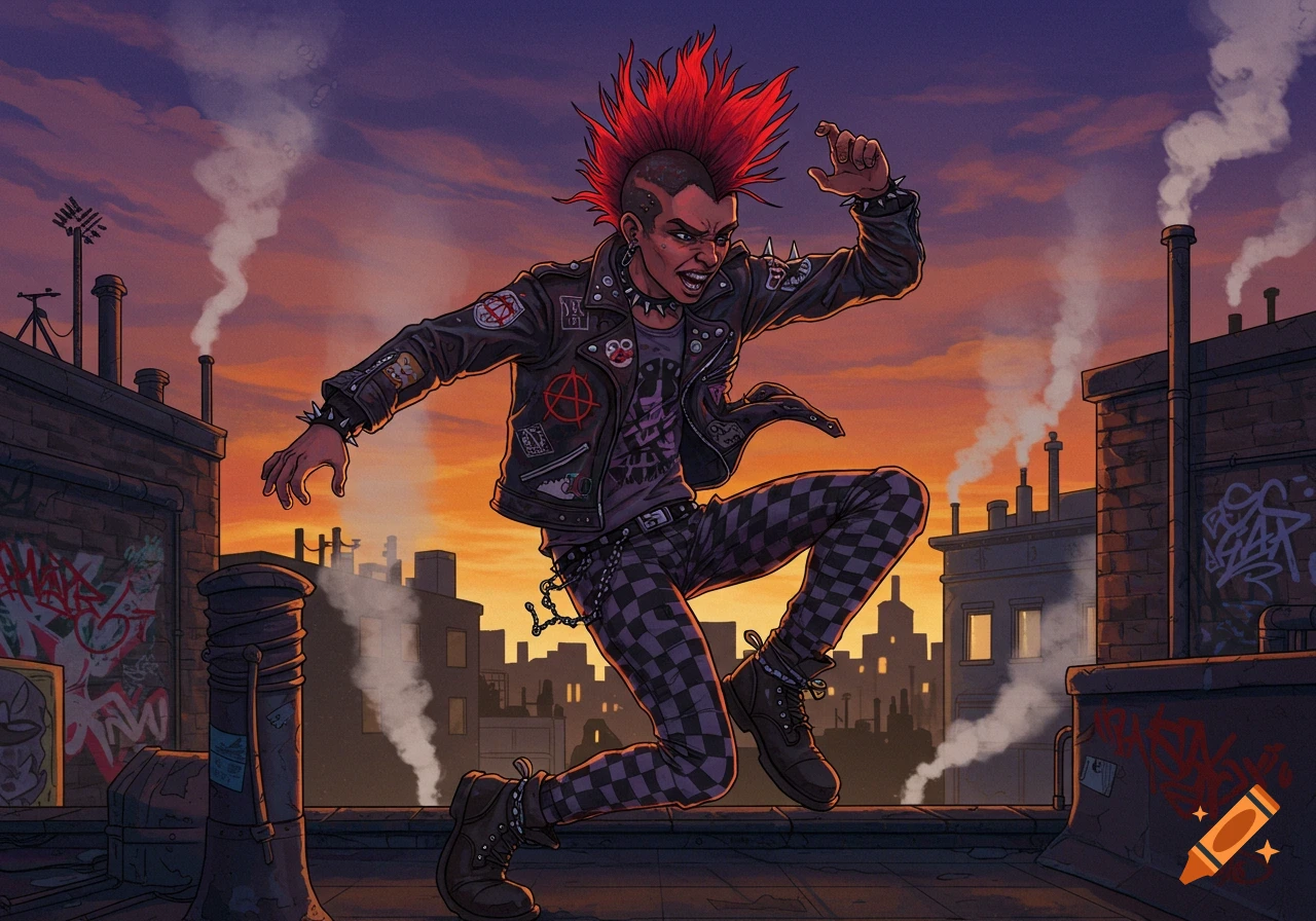 A vibrant illustration of a punk rock person with a red mohawk leaping on a graffiti-covered city rooftop at sunset.