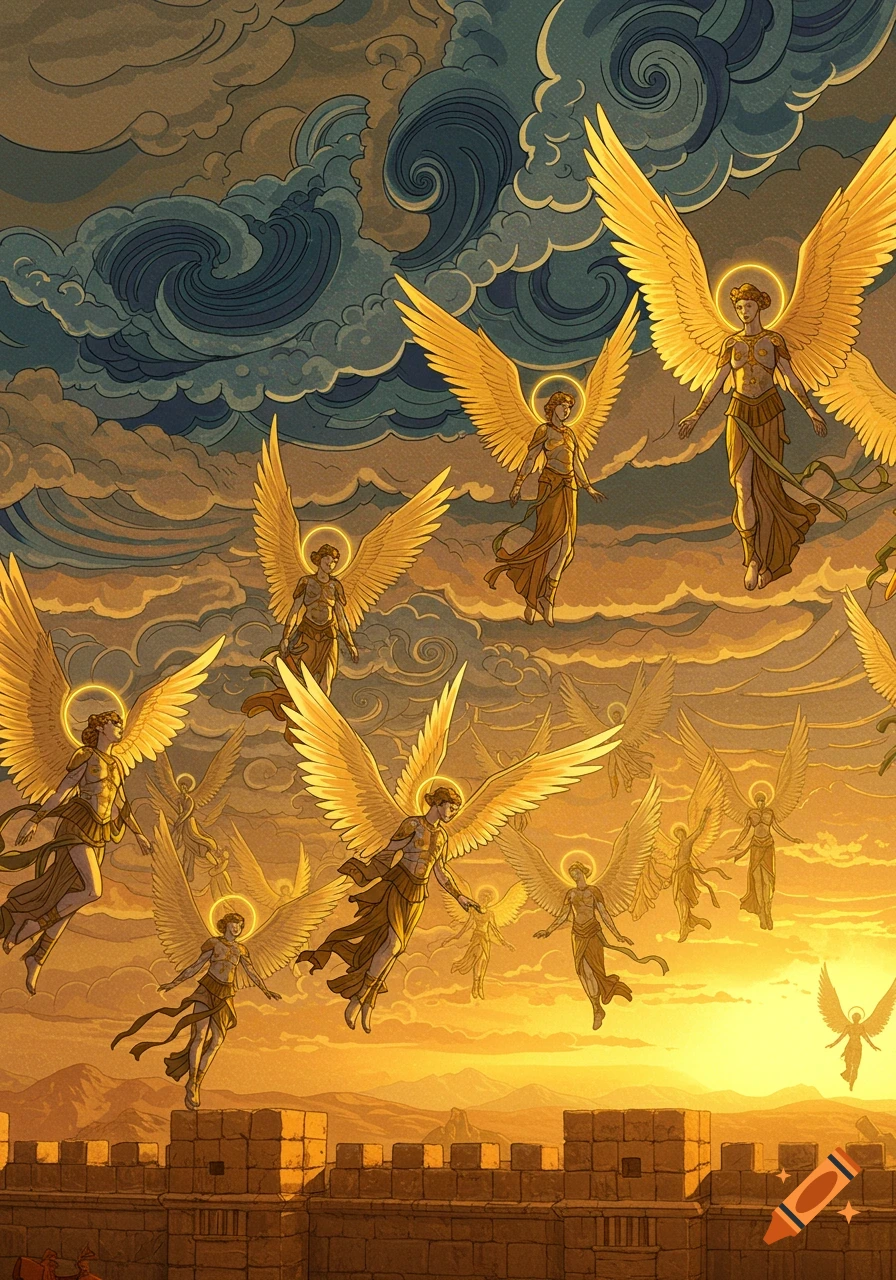 Many golden-winged angels float above ancient stone walls at sunset, with stylized blue clouds in an illustrative style.