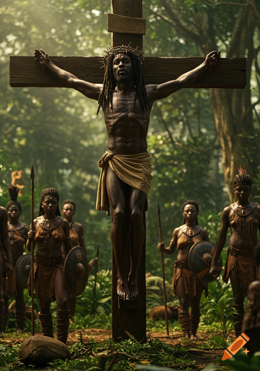 Dark-skinned Jesus with dreadlocks crucified in a jungle, flanked by black warrior women with spears and shields. Photorealistic style.