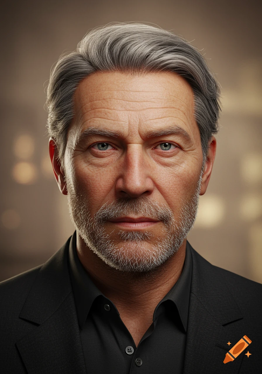 Photorealistic headshot portrait of a distinguished man with gray hair, a gray beard, and blue eyes, wearing a black suit.