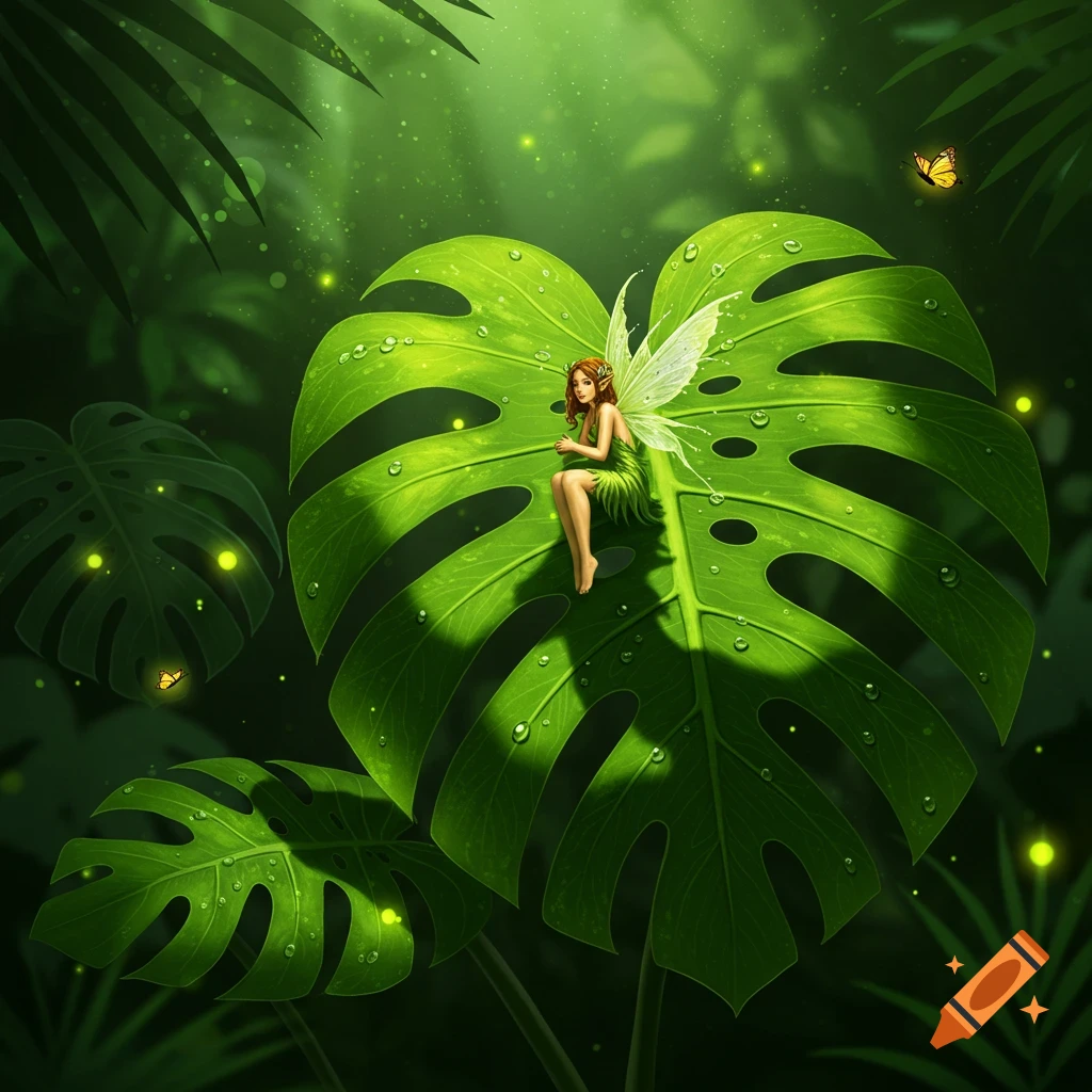 A fairy sitting on a large green Monstera leaf in a vibrant, lush jungle with dew drops and glowing lights.