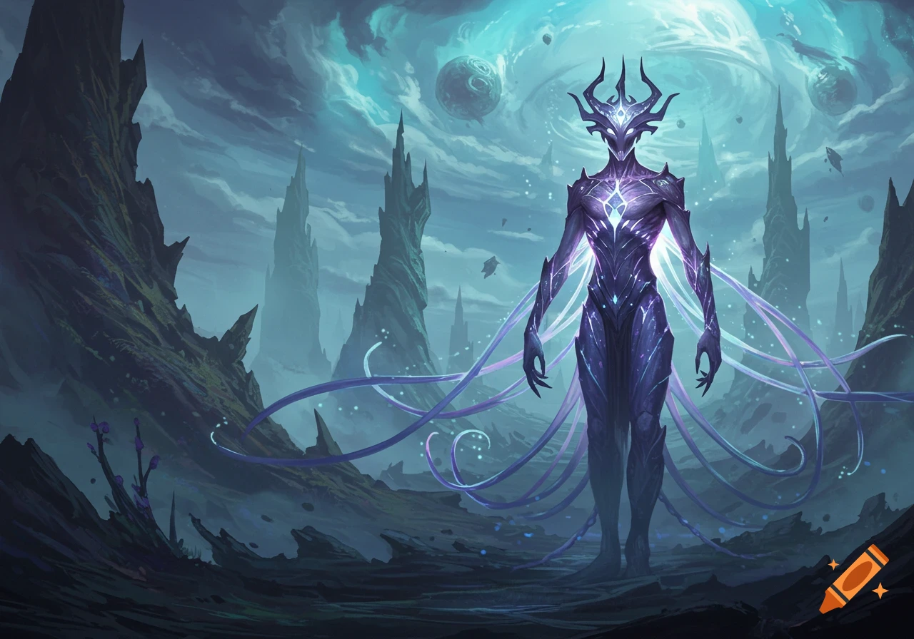 A glowing purple and blue alien-like creature stands in a desolate, spiky alien landscape under a stormy turquoise sky with floating planets.