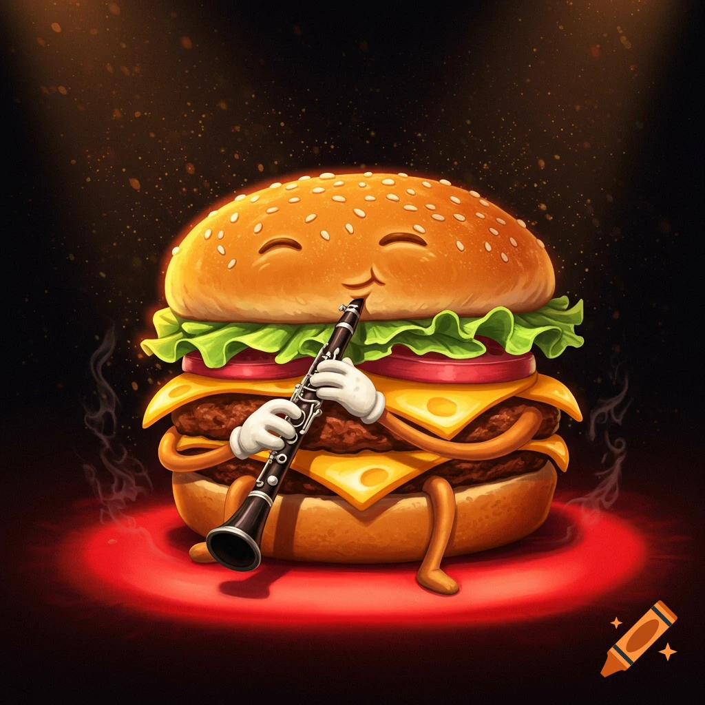 Cartoon cheeseburger with a happy face playing a clarinet on a spotlighted stage.