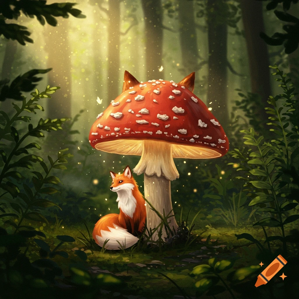 A whimsical red fox sits under a large glowing red and white mushroom in a magical forest with sparkling light.