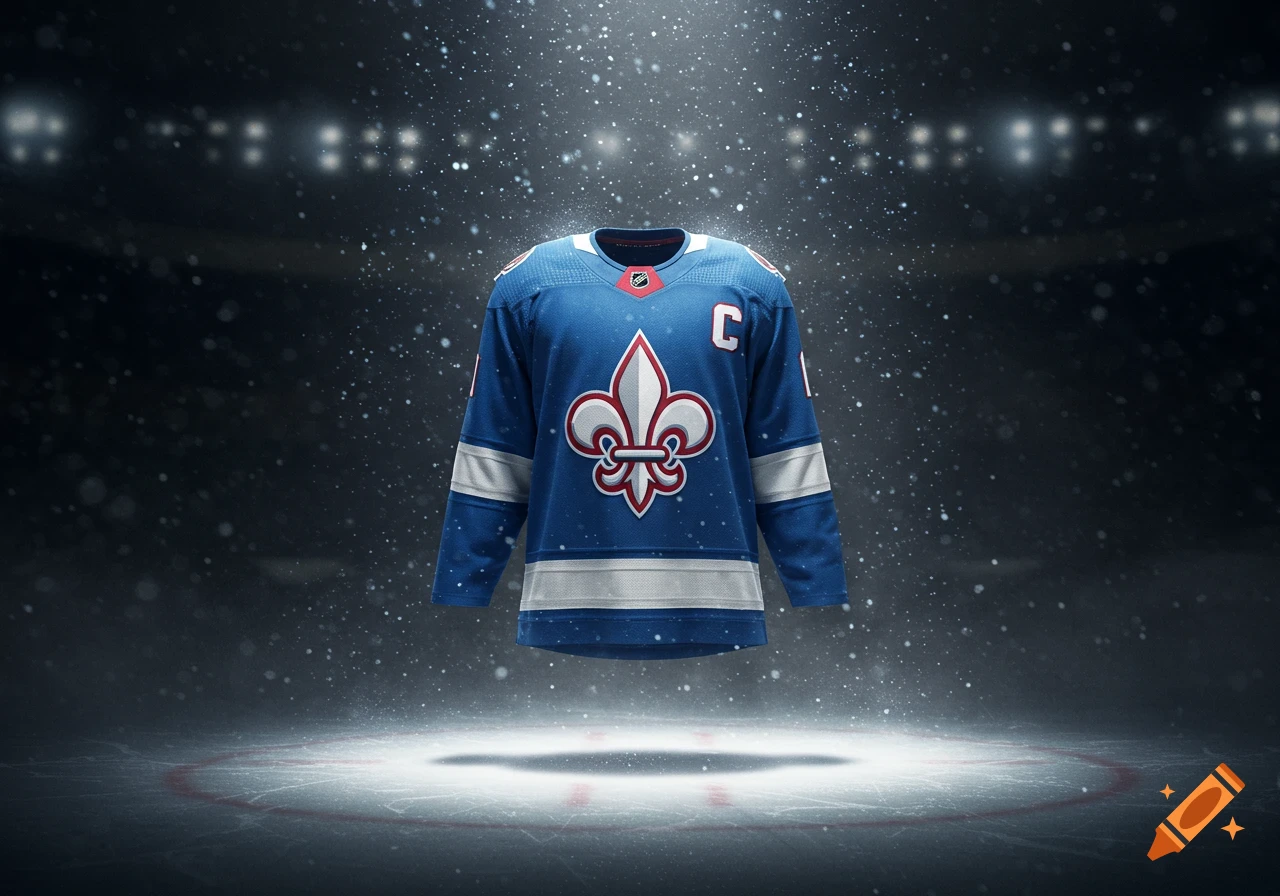 A blue hockey jersey with a white and red fleur-de-lis logo, captain's 'C', and number '1' on the sleeve, floating over an ice rink with spotlights and falling snow.