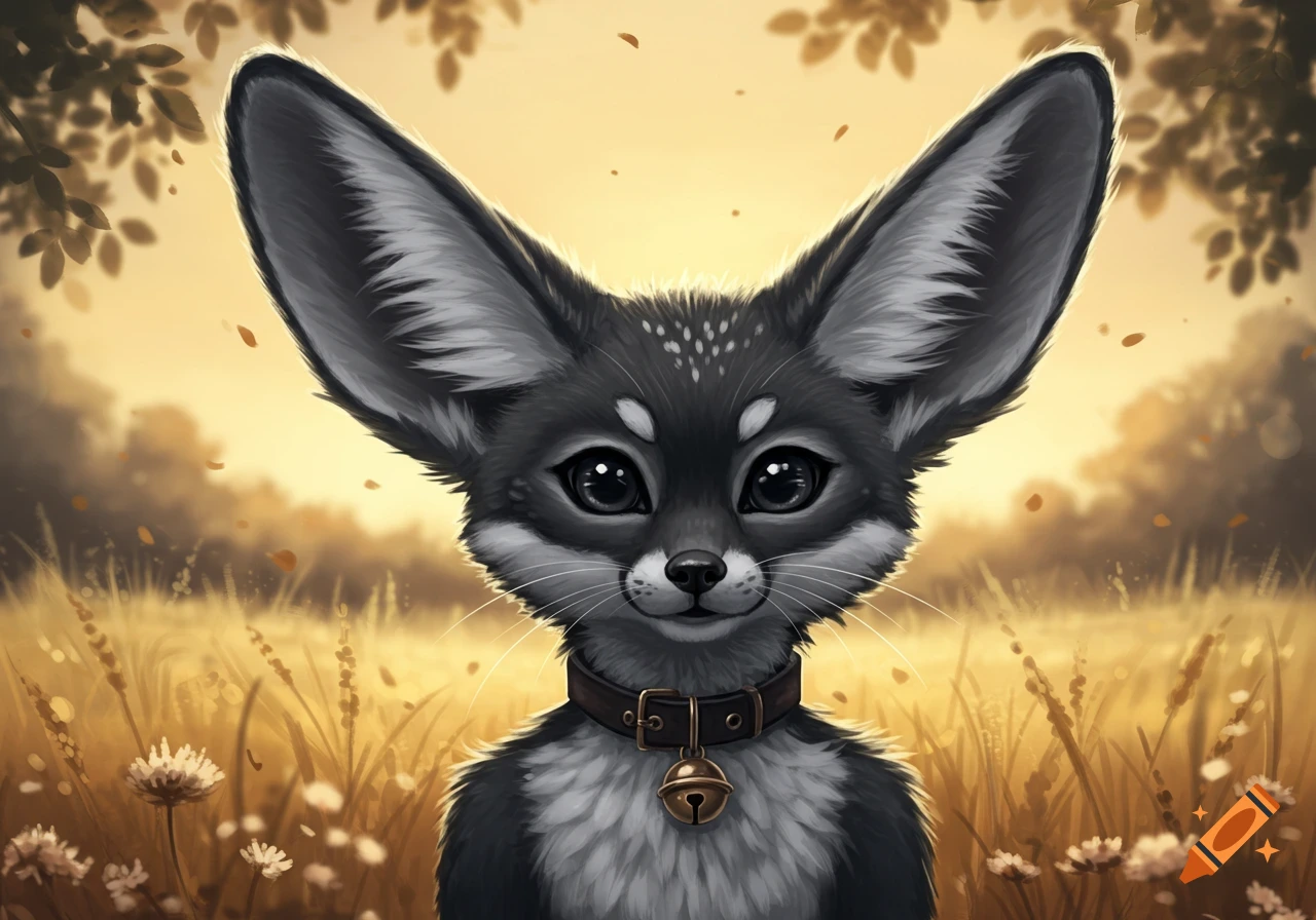 A cute black and white fennec fox furry character with large ears and a bell collar in a golden field.