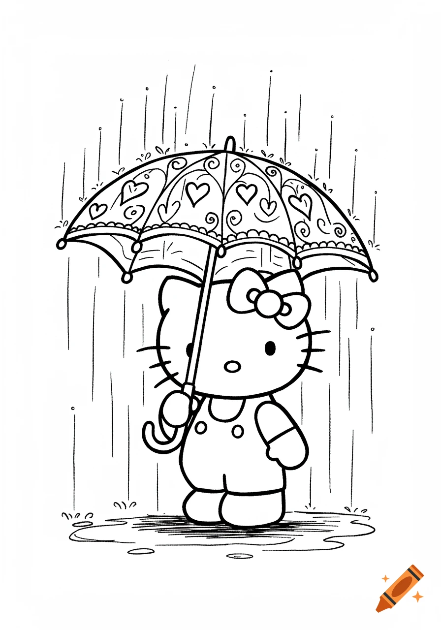 Hello Kitty holding an umbrella in the rain, rendered as black and white line art.