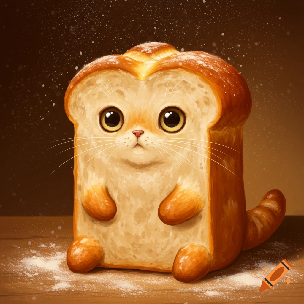 A cute, stylized illustration of a cat-like creature with the body of a loaf of bread, sitting on a wooden surface with flour.