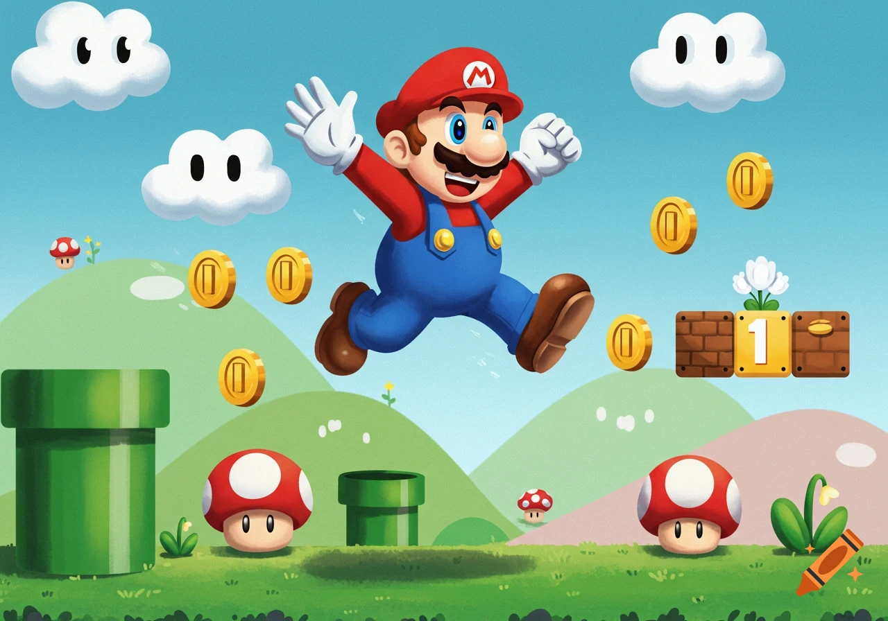 A cartoon illustration of Mario jumping in a vibrant green landscape with clouds, coins, pipes, and mushrooms.