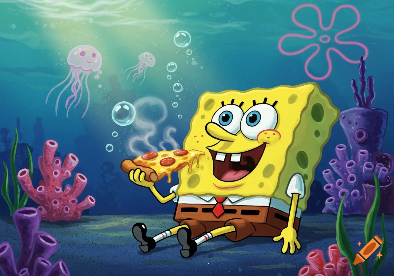 Spongebob Squarepants happily eating a slice of pizza underwater with jellyfish and coral.