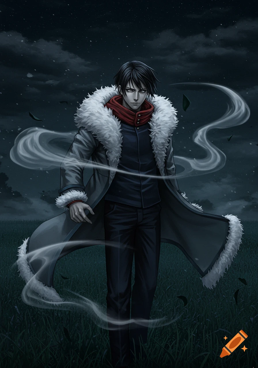 An anime man with black hair, a grey fur-collared coat, and black pants stands in a dark grassy field with smoke swirling around him.