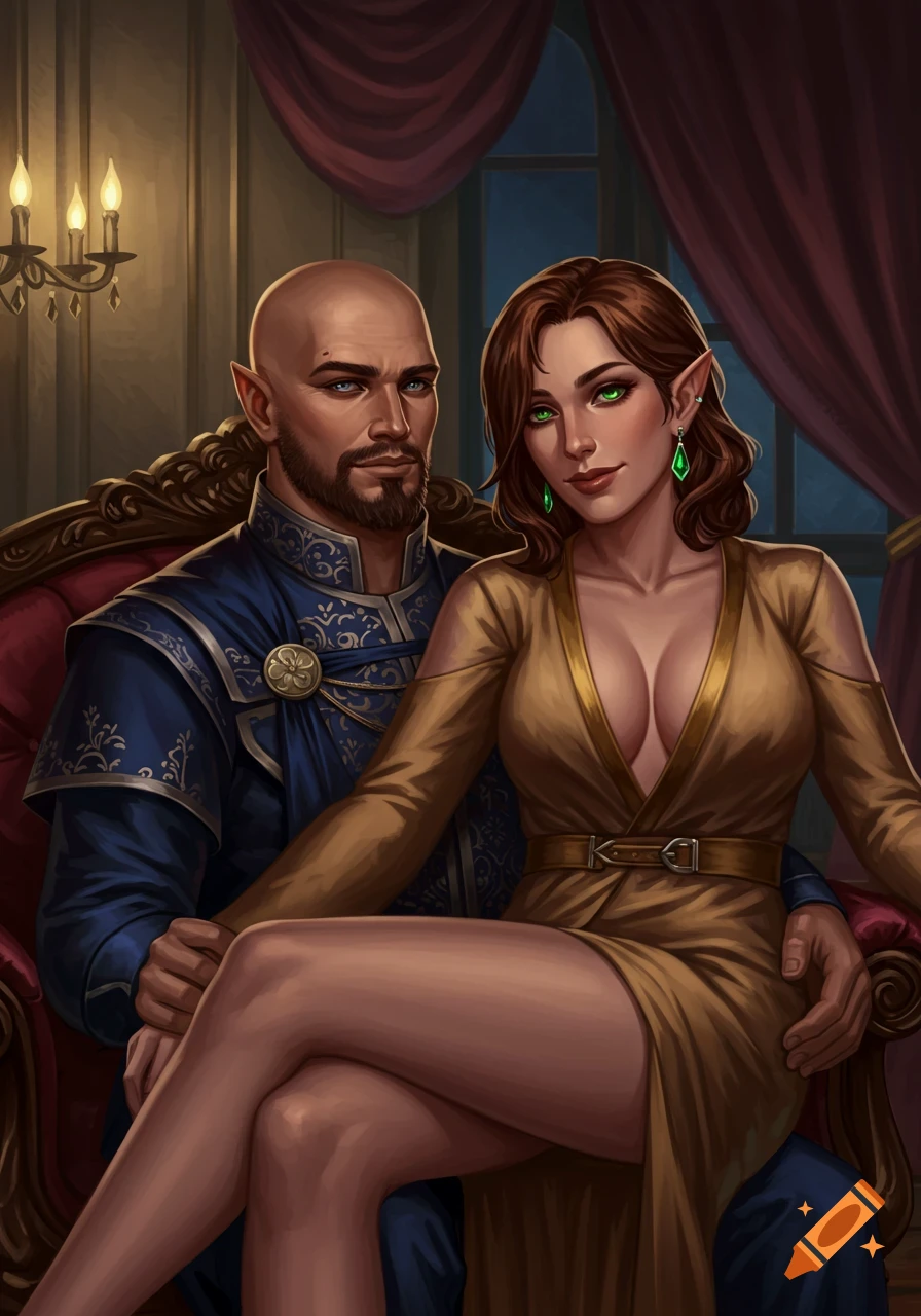 A bald man in a blue noble outfit holds a brown-haired woman in a golden low-cut dress on his lap in a lavish room.