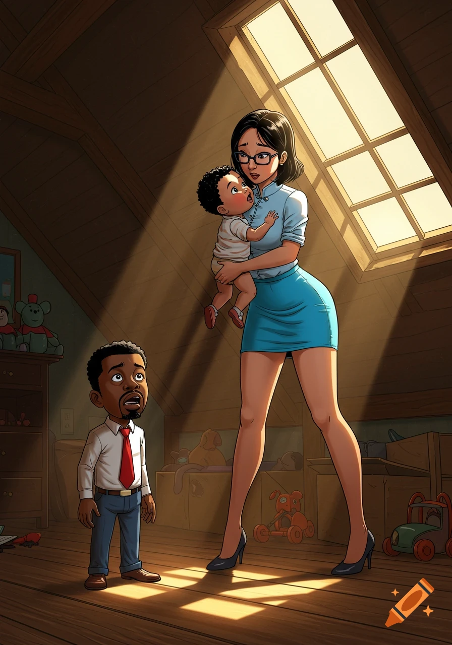 A tall woman in a blue skirt holding a baby looks up, while a tiny man in a shirt and tie looks up at her from the floor of a sunlit attic, in a comic style.
