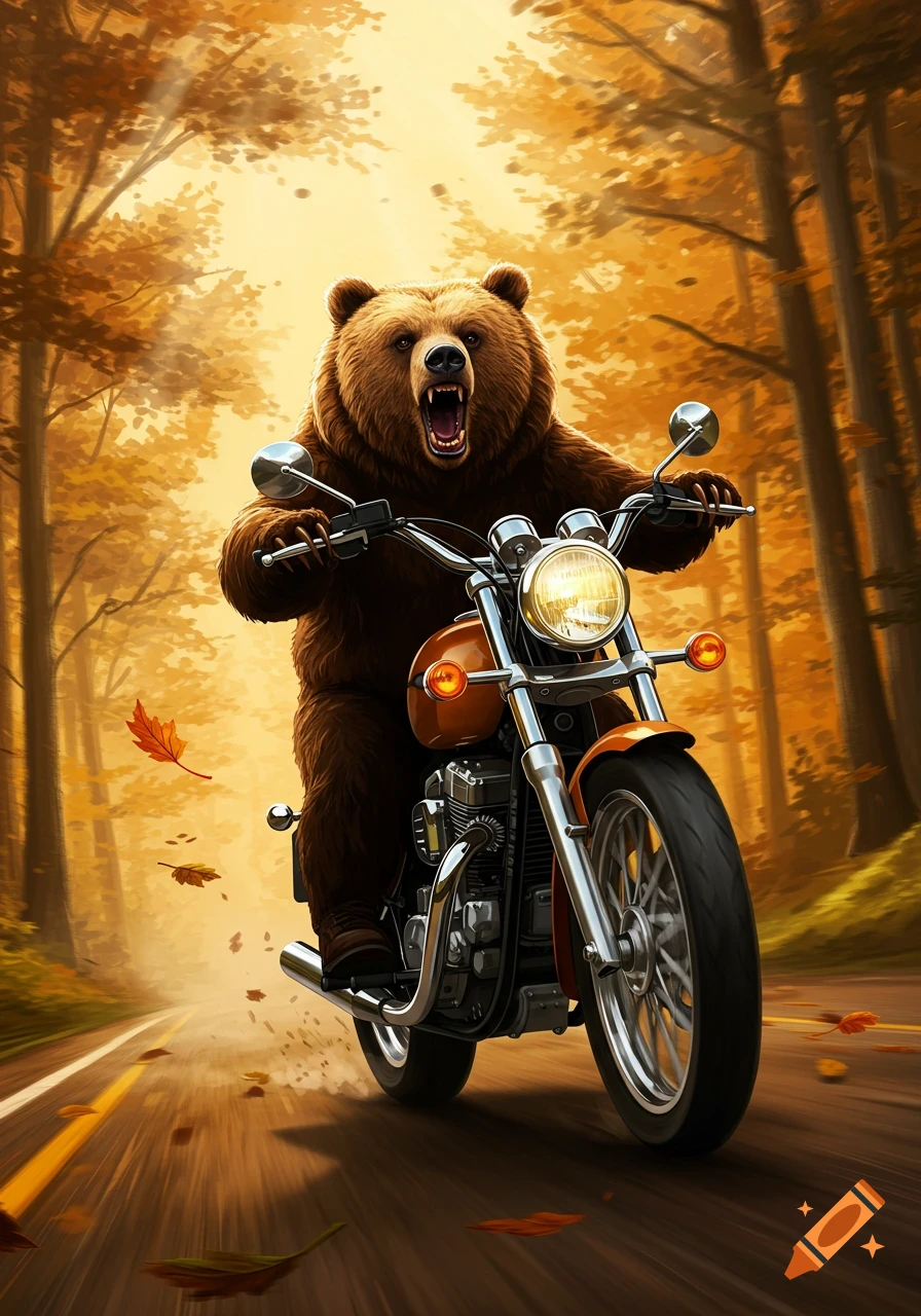 A brown bear with an open mouth rides a motorcycle down a tree-lined road in an autumn forest with falling leaves. The scene has a warm, illustrated style.