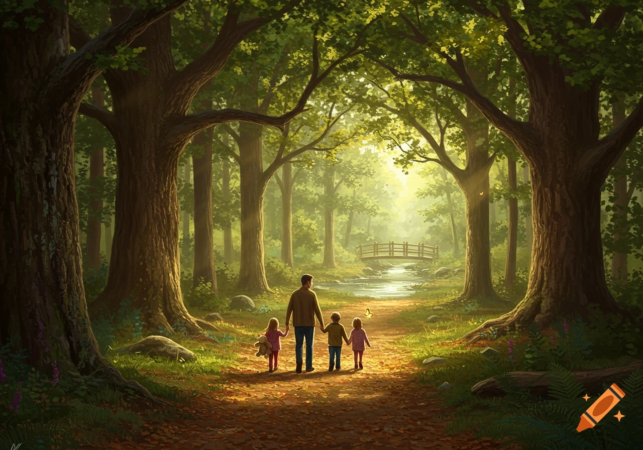 A family of four walks hand-in-hand down a sunlit path through a lush green forest towards a bridge over a stream.