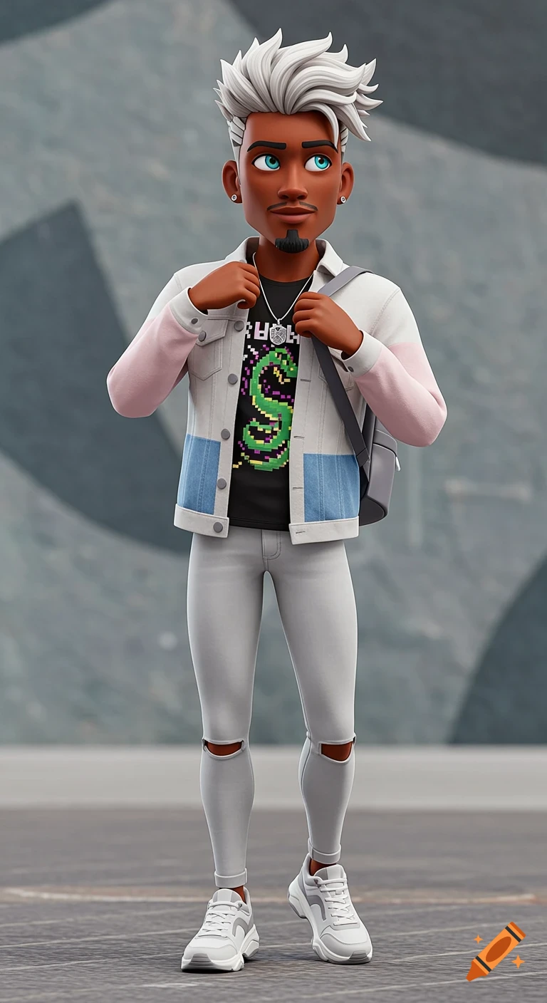 A Disney Pixar style 3D render of a man with white hair, a light jacket, and light jeans, adjusting his necklace.