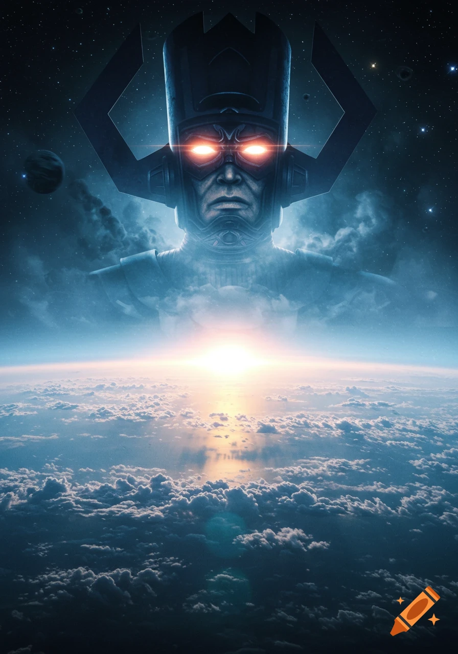 A giant figure resembling Galactus, with glowing red eyes and a distinct helmet, looms over a cloudy Earth illuminated by a bright sun on the horizon.