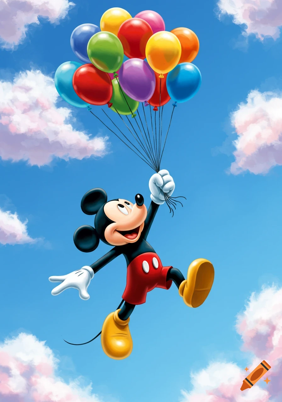 Mickey Mouse flies happily through a bright blue sky, holding a large bunch of colorful balloons.