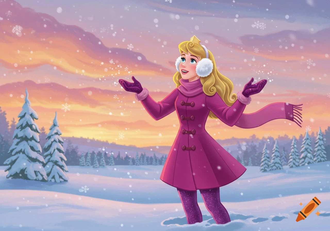 Princess Aurora in a magenta coat, earmuffs, and gloves, looking up happily at falling snow in a snowy landscape during sunset.