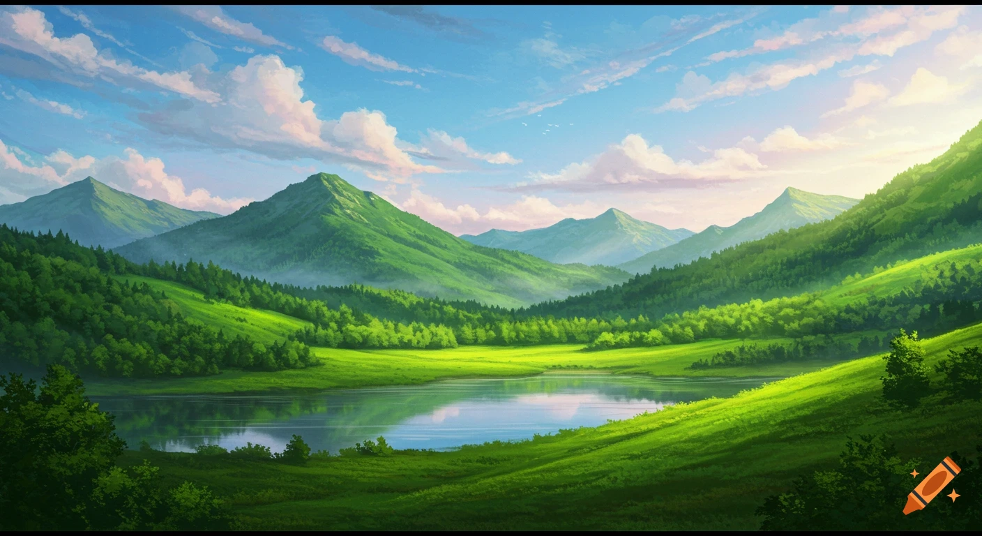 A vibrant, panoramic landscape painting of lush green mountains surrounding a tranquil lake under a blue sky with fluffy clouds.