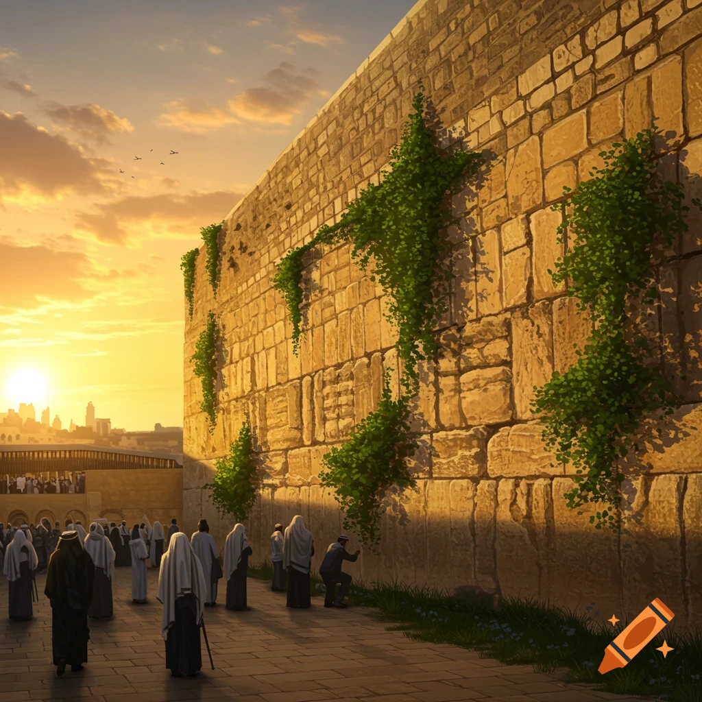 A painterly sunset view of the Western Wall with people gathered, featuring ivy on the stone blocks.