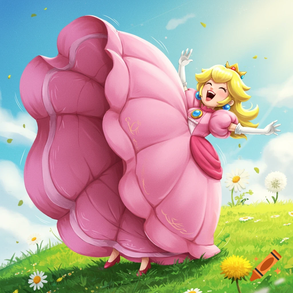 Princess Peach joyfully rolling down a grassy hill, her large pink dress billowing around her, under a blue sky.