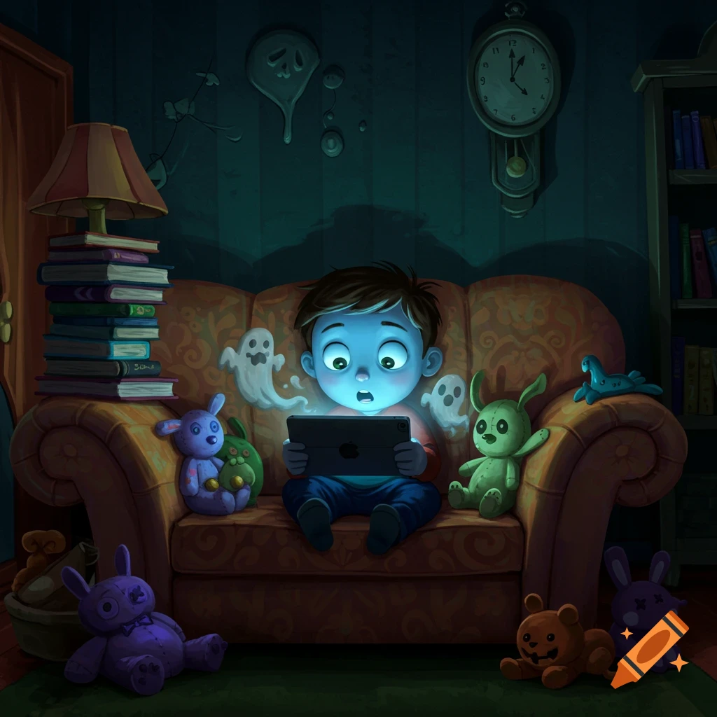 A wide-eyed child sits on a couch, bathed in blue light from a tablet, surrounded by cartoon ghosts and plush toys in a dark, spooky room.