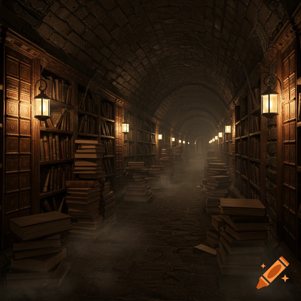 A dimly lit, mysterious underground stone tunnel with tall bookshelves filled with books and stacks of books on the floor, illuminated by glowing lanterns.