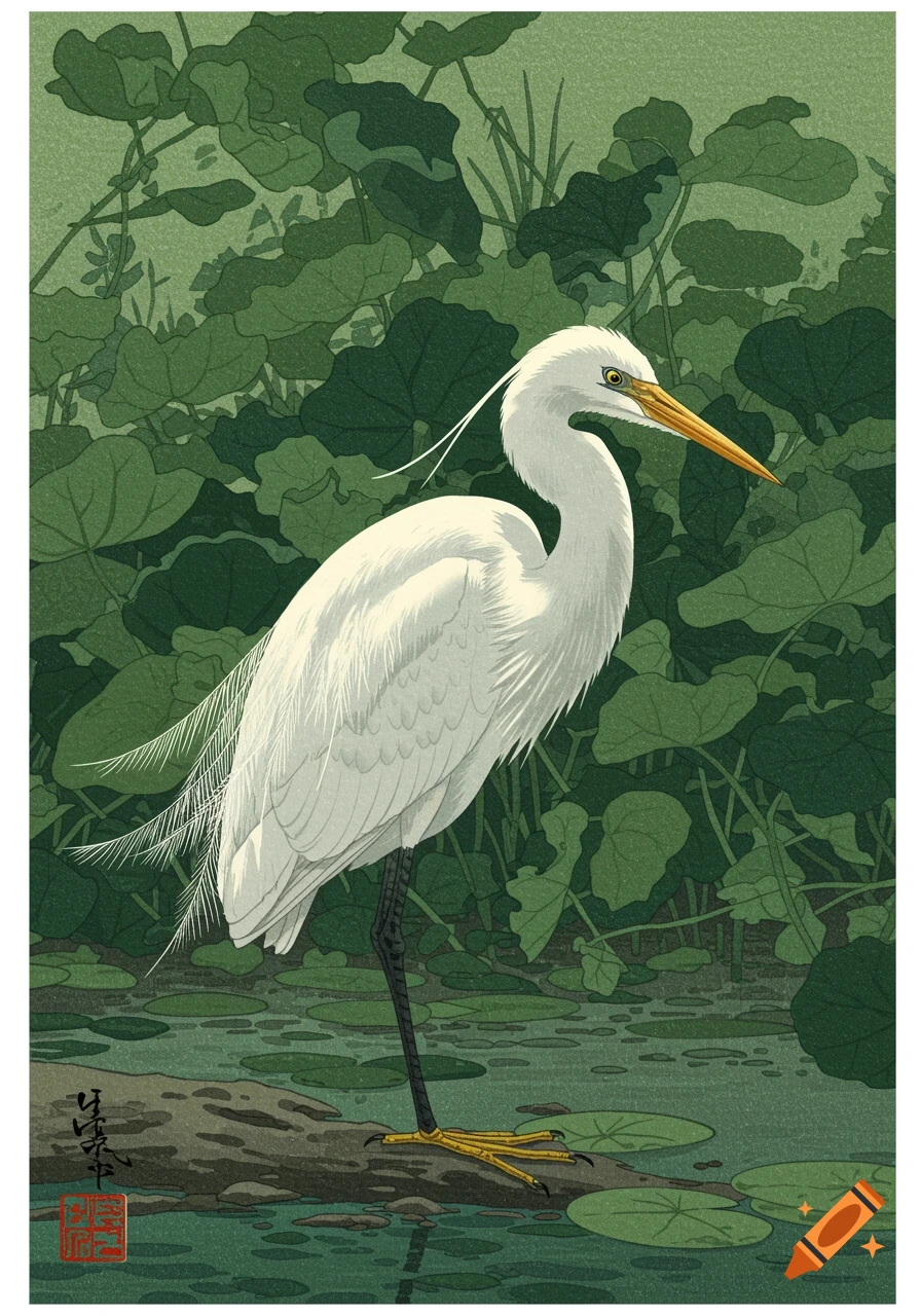 Ukiyo-e style painting of a white heron standing on a log in water surrounded by green lotus leaves.