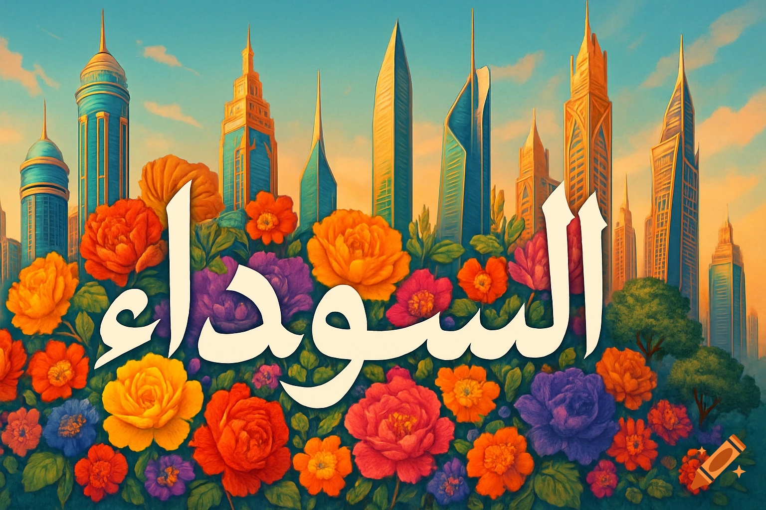 Lush vibrant flowers and modern skyscrapers under a blue sky, with the Arabic word 'Al-Suwaida' overlaid in white.