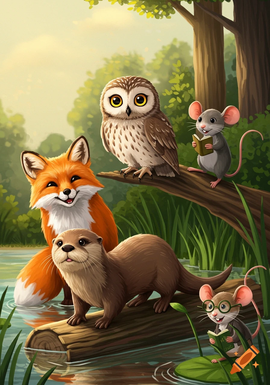 A cartoon fox, otter, and owl with two mice reading books in a lush forest by a pond.