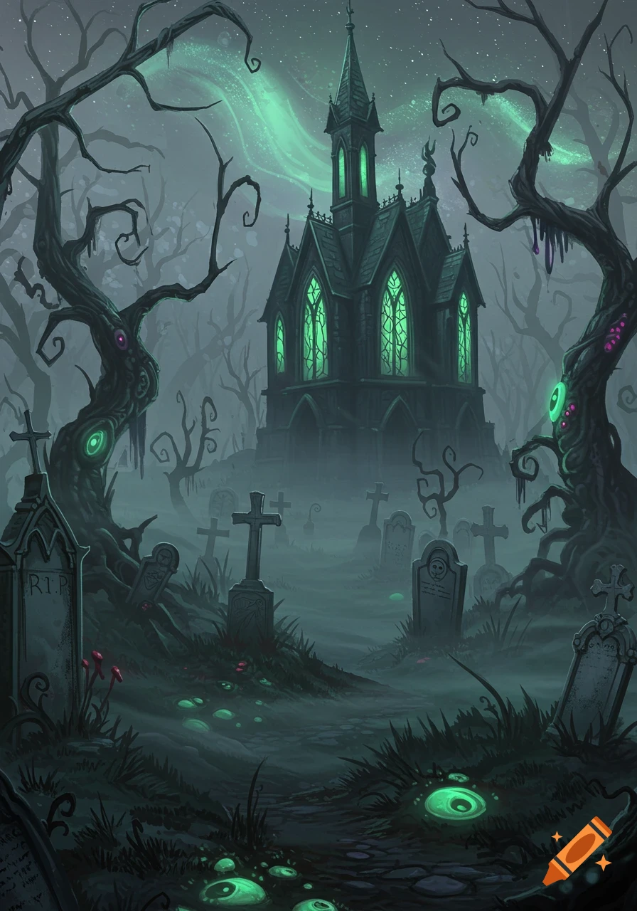 A dark, atmospheric graveyard scene with a gothic church, twisted trees with glowing eyes, and glowing fungi, in a Tim Burton inspired style.