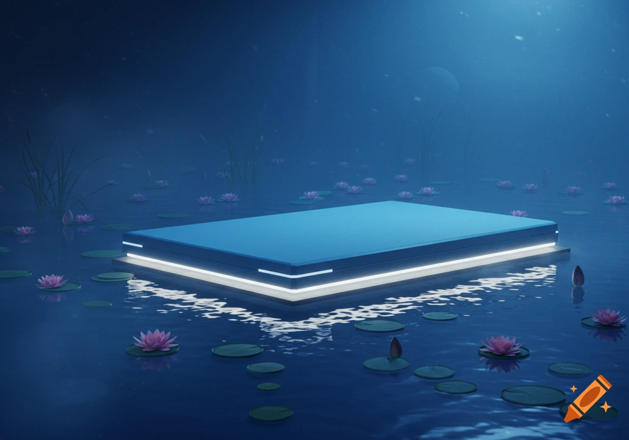 A glowing blue rectangular platform floats on a dark blue pond with pink lotus flowers and lily pads under a misty, dark sky.