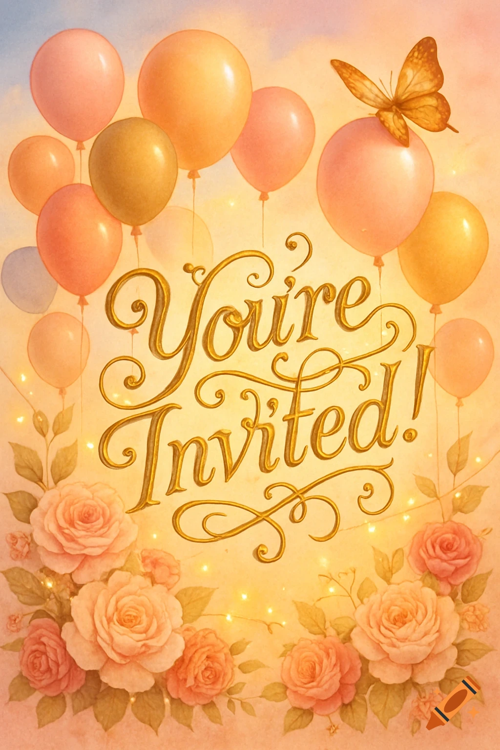 A whimsical invitation card with golden text 'You're Invited!', surrounded by pink and orange balloons, peach roses, and a butterfly, in a warm, glowing watercolor style.