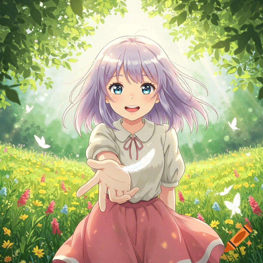 Anime girl reaching out with a white feather in a bright, sunny flower field.