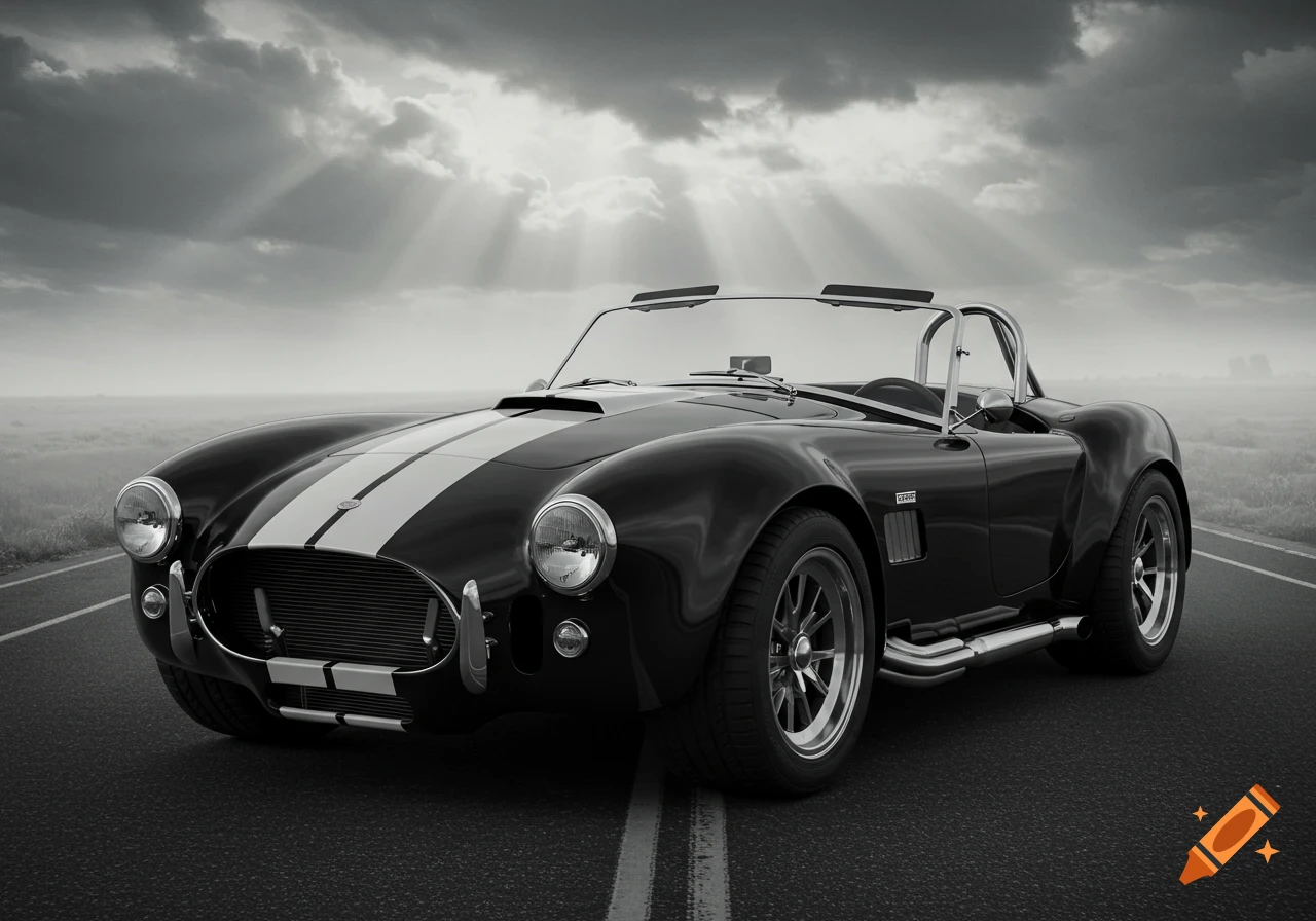 Black and white photo of a classic Shelby Cobra sports car on a road under a cloudy sky with sun rays.