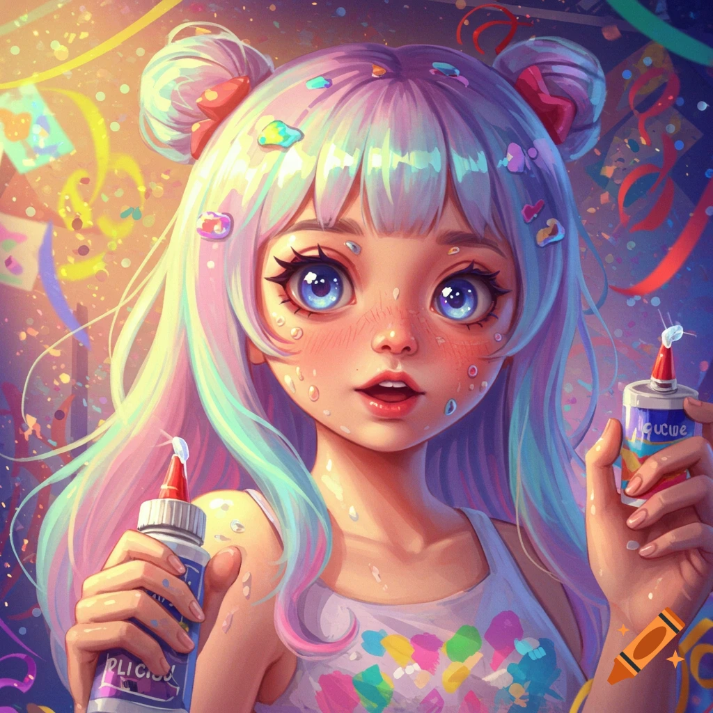 An anime girl with large blue eyes and pastel rainbow hair holds two glue bottles, with glittery glue on her face, amidst a colorful, sparkly background.