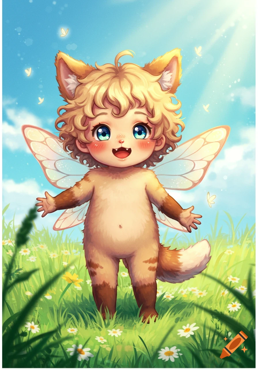 Anime illustration of a cute cat-like toddler with curly blonde hair and blue eyes, standing in a sunny field of daisies with butterfly wings.