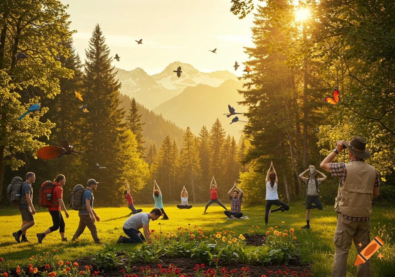 People engaging in various outdoor activities including hiking, yoga, gardening, and birdwatching in a sunny meadow with trees and mountains in the background. The scene is vibrant with rich colors.