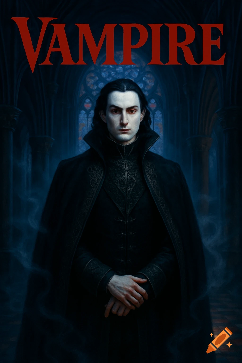 A pale man with long dark hair, dressed as a vampire in a black cloak, stands in a gothic setting with "VAMPIRE" title above him.