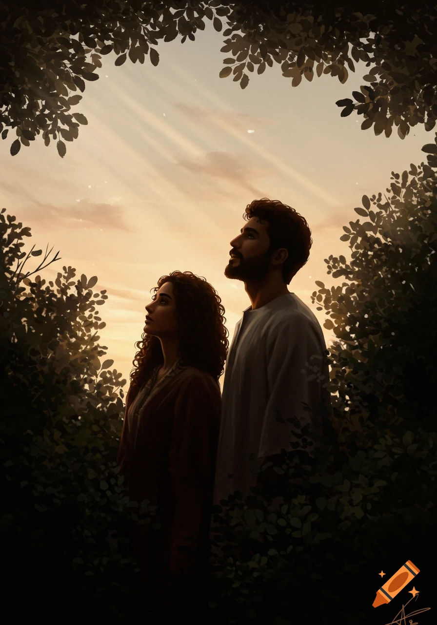 Illustrated portrait of a man and woman with curly dark hair, framed by dark bushes, looking up at a sundown sky with light rays.