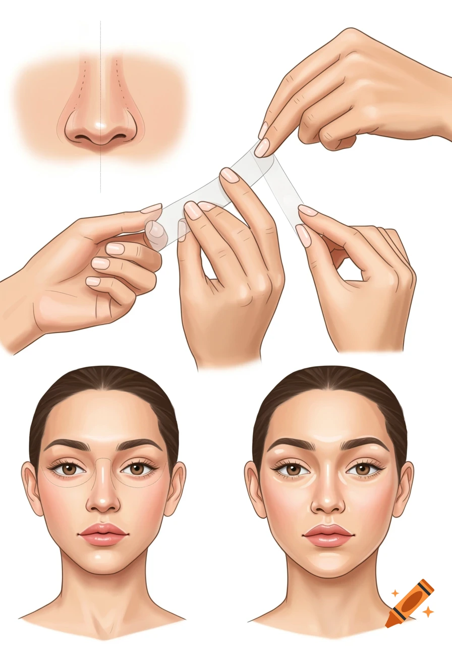 An illustration showing a nose, hands applying clear strips, and a woman's face with and without the strips, for a cosmetic procedure.