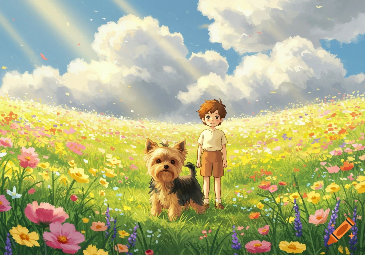 A Ghibli-style illustration of a boy and a Yorkie dog standing in a vibrant, sunlit flower field under a blue sky.