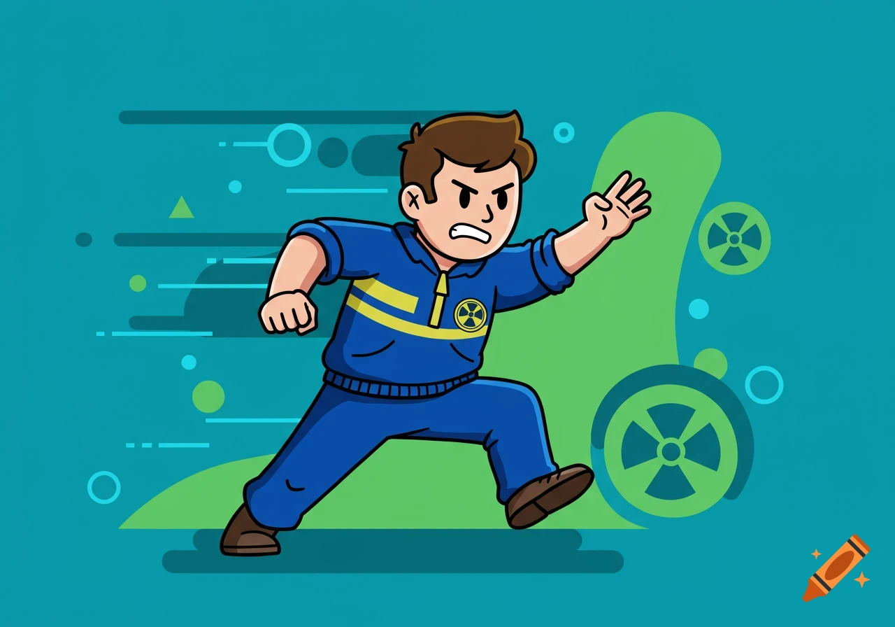 Cartoon man in blue jumpsuit with radiation symbol running with motion lines against a teal background.