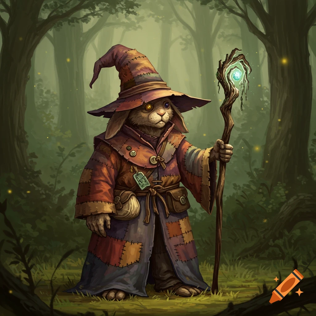 A patched-up harengon wizard with a large hat and a staff, standing in a magical forest.